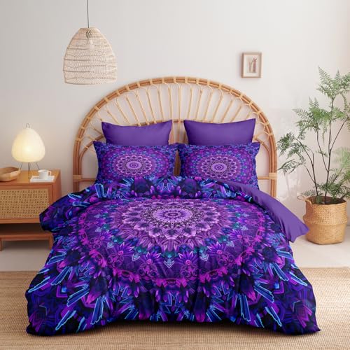 Covebett Boho Bettwäsche 135x200 Lila Violett Blumen Vintage Mandala Muster Wendebettwäsche Set Bohemian Floral Blumenmuster Microfaser Bettbezug und Kissenbezug 80x80 cm mit Reißverschluss