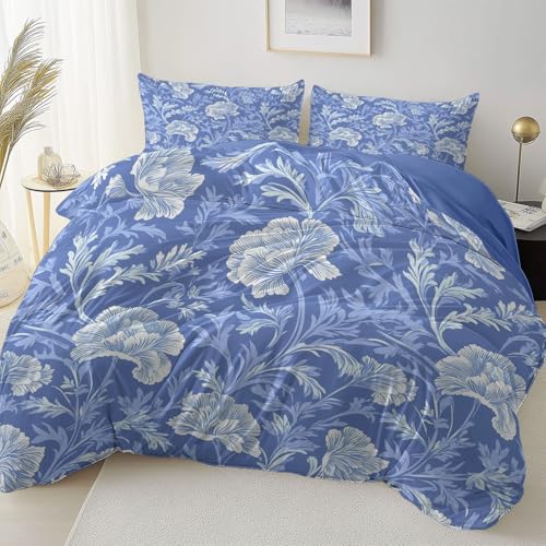 Bettbezug 220 x 240 cm, William Morris-Stil Blumen Vintage Print Bettwäsche, Weich Mikrofaser Reversible Bettbezüge für Erwachsene Jungen und Mädchen Schlafzimmer Hellblau