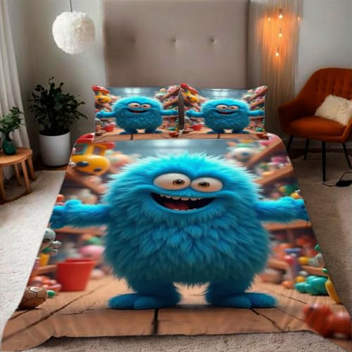 Bettwäsche 135x200 Cartoon Blaues flauschiges Monster Muster 3D Drucke geeignet für Teenager Kinder Bettwäsche-Set Mikrofaser Bettbezug Mit Reißverschluss Und 2 Kissenbezug (135x200+2*80x80,#4?