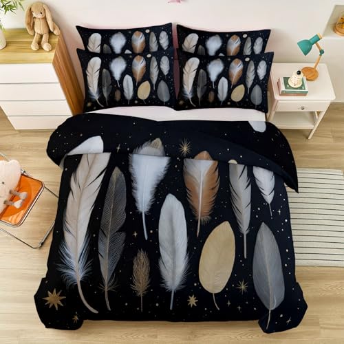 Bettbezug 200 x 200 cm, Schwarz Exquisit Dekorativ Mit Punkten Und Federn Bettwäsche, Wende Microfaser bettwäsche für Jungen Mädchen Bettbezug mit 2 Kissenbezügen - Kinder & Teenager Geschenk