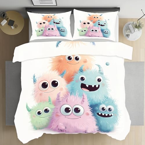 Kioldoq Niedlich Monster Deckenbezug 135x200cm, Karikatur Kawaii Bettwäsche 3 Teilig, Modern Kind Bettwäsche Mit Reißverschluss, Bedding Microfaser, Wendebettwäsche, 2 Kissenbezug 80x80