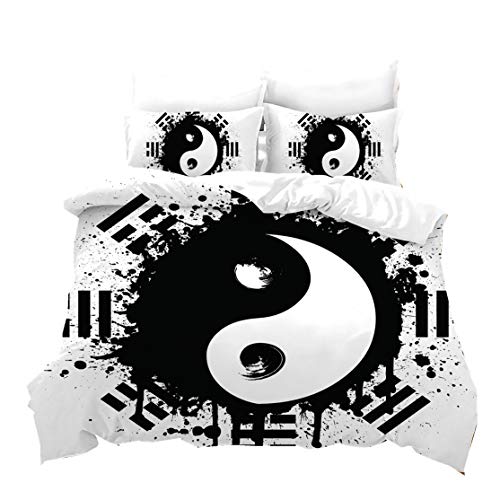 Yin Yang Bettwäsche Set Tai Chi Wasser und Feuer Drachen Fisch Mandala Schwarz Weiß Kunst 3D Blumen Druck Bettbezug 2/3 Stück Aquarell Bett Set Bettdecke Quilt (Weiß,Single 2pcs 135x200cm)
