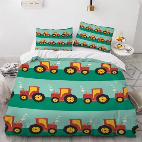 Generisch 3D Cartoon Traktor Bettwäsche 200x200 cm 3teilig Cartoon Traktor Bettbezug mit Reißverschluss 100% Mikrofaser Leicht Atmungsaktive Bettwaren Set mit 2 Kissenbezüge 80x80?Muster 107-3?