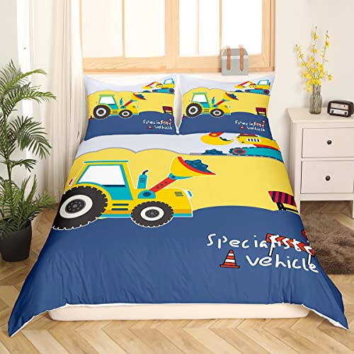 Loussiesd Karikatur BAU Bettwäsche Set 135x200cm Kinder Bagger Bettbezug Set für Kinder Jungen Spezialfahrzeuge Betten Set LKW Auto mit 1 Kissenbezug