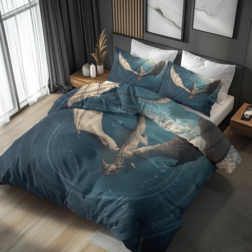 Generisch Bettwäsche 155x220 Mythisch Fliegender Drache - Schlafzimmer Deko Bettbezug 155 x 220 2tlg Blau Meer Himmel Fantasie Muster, 1 Kissenbezug 80x80, mit Reißverschluss, Weich Mikrofaser CB#138