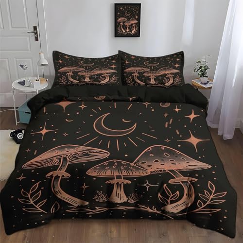WunM Studio Bettwäsche 135×200CM Pilz Mond Golden Muster Damen Bettbezug Set Aesthetic Mystische abstrakte Hippie-Kunst Weich Microfaser Deckenbezug mit Reißverschluss und 2 Kissenbezug 80x80cm
