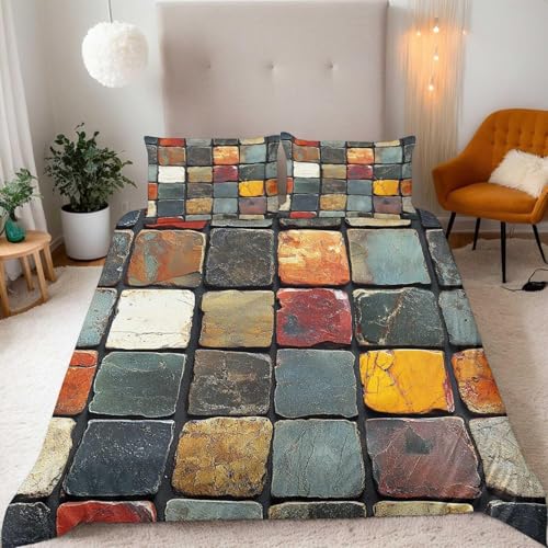 Bettwäsche 200x200 Retro-Ziegelmauer 3D Druck Bettbezug Kuschelig Weich Mikrofaser Bettwäsche Set 3 Teilig Bettwäsche-Sets Landhausstil Bettbezüge mit 2 Kissenbezüge 80x80 cm F-2939