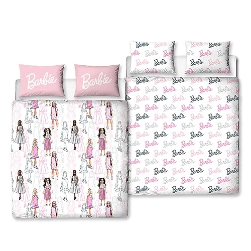 Character World Barbie Offizielles Doppel-Bettwäsche-Set für Kinder, Figuren-Design, wendbar, 2-seitige Teenager-Bettwäsche mit passenden Kissenbezügen, Polyester, Doppelbettbezug, Rosa