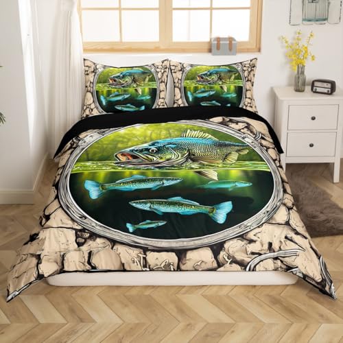 Loussiesd Hecht Fisch Bettbezug Bass Big Fish Bettwäsche Set 135x200cm für Kinder Jungen Mädchen Fischen und Jagen Betten Ozeantiere Bettwäsche-Set