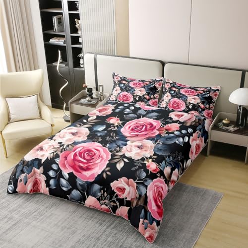 Homemissing Rose Baumwolle Bettwäsche Set 135x200cm Blumenblume Bettbezug Romantische Blumen Schwarz Pink Betten Bettwäsche-Set Weich mit 1 Kissenbezug