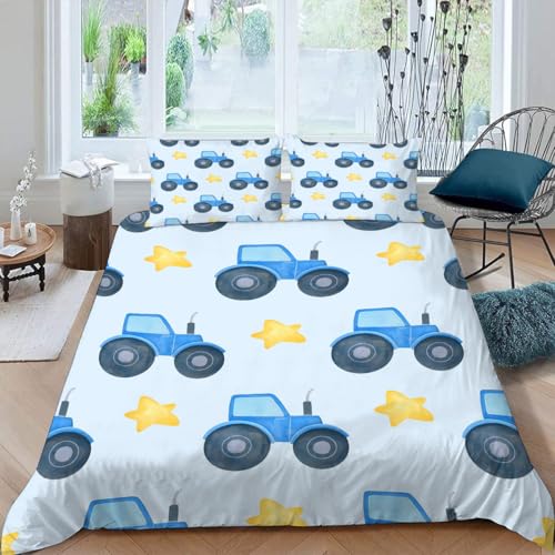 MOXINO 3D Cartoon Traktor Bettwäsche 135x200 cm 2teilig Cartoon LKW Bettwäsche für Kinder Leicht Mikrofaser Bettbezug Sommer Weiche Bettbezüge mit Kissenbezüge 80x80?Muster 131-10?
