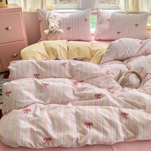 Covebett Bettwäsche 155x220 Gestreift mit Rosa Schleifen Muster Bettwäsche Set Streifen Schleifenmuster Microfaser 2teilig, Aesthetic Romantisch Bettbezug und Kissenbezug 80x80 cm mit Reißverschluss