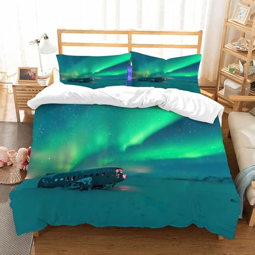 NIOYNJIS Bettwäsche Set 100% Baumwolle ist,Nordlichter, altes Flugzeugwrack, Ansicht von Aurora Borealis, nebliger Winterta,und allem auch für Personen mit Hautsensibilisierung empfohlen 178x208cm