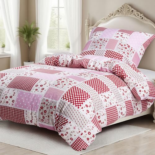 KACEMOO Bettwäsche 135x200 Baumwolle, Bettwäsche-Sets Oeko-TEX Bedding mit Reißverschluss Bettbezüge Atmungsaktiv & kuschelig, Bettbezug 135x200 + Kissenbezug 80x80, Karierte Blumen 95 g/m²