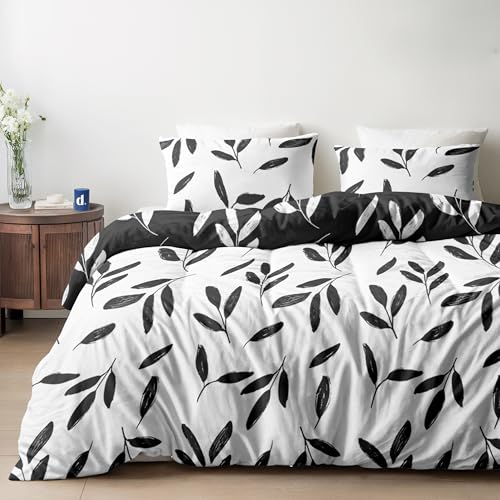 Dreamzie Bettwäsche Set 200x220 cm mit 2 Kissenbezügen 80x80 cm – Blumenmuster Schwarz-Weiß – Bettwäsche für Erwachsene aus 100% Mikrofaser – Oeko-Tex Zertifiziert – Ohne Schadstoffe