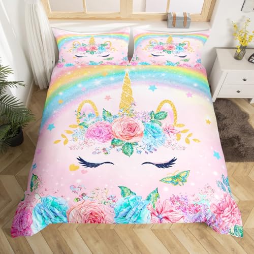 Homemissing Einhorn Bettwäsche Set 135x200cm für Kinder Mädchen Schlafzimmer Dekorationen Jugendliche 3D Rosa Einhorn Regenbogen Bettbezug Set Ultra weiche und fluffige Blume Bettwäsche