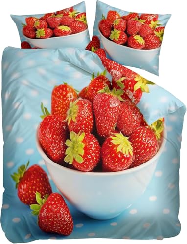 Strawberry Bettwäsche 180x200 Frucht Bettwäsche Set, 3D Bettbezug Set Weich Microfaser Bettbezüge 3 Teilig Punkte Wendebettwäsche für Doppelbett, mit 2 Kissenbezüge 5319e