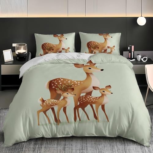Cartoon-Hirsch Bettwäsche 135x200 Niedliches Tier Bettbezug 3D Weiche Mikrofaser 3 Teilig Bettwäsche-Sets mit Reißverschluss und 2 Kissenbezüge 80x80 cm J.1034