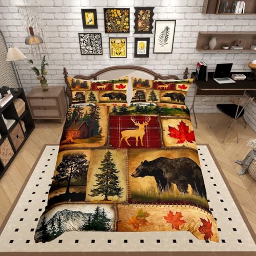 Homewish Rustikales Bauernhaus-Bettwäsche-Se t für Einzelbett, Retro-Hütte, Jagdbär, Hirsch, Bettbezug für Kinder und Erwachsene, Landhaus-Ahornblätter, rustikales Walddesign, 1 Kissenbezug