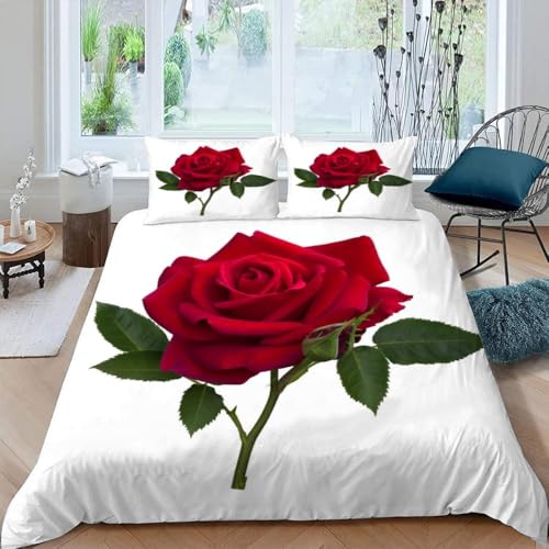 Bettwäsche 220x240 Rote Rosen Bettwäsche Set 3D Bettbezug Set Weich Microfaser Bettbezüge 3 Teilig Pflanzenmuster 3D-Druck Bettwäsche-Sets für Einzelbett mit 2 Kissenbezug d.2952