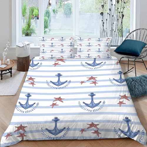 MOXINO 3D Anker Bettwäsche 135x200 cm 2teilig Seestern Bettwäsche für Kinder Leicht Mikrofaser Bettbezug Sommer Weiche Bettbezüge mit Kissenbezüge 80x80?Muster 75-10?