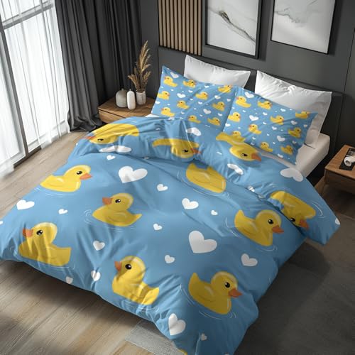 Generisch Bettwäsche 135x200 Süße Ente Design, 2teilig - Gelbe Ente Kinder Sommer Bettbezug und 1 Kissenbezug 80x80, Wendebettwäsche, Schlafzimmer Deko, Mikrofaser, mit Reißverschluss fHaN-146