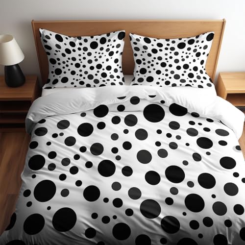 Bettwäsche Set Weiß Bettbezug 155 x 220 cm, Abstrakte Schlichtheit Schwarz-Weiße Punkte Druck Bettwäsche-Sets 3 teilig Weiche Bettbezug mit Reißverschluss und 2 Kissenbezug 80 x 80 cm