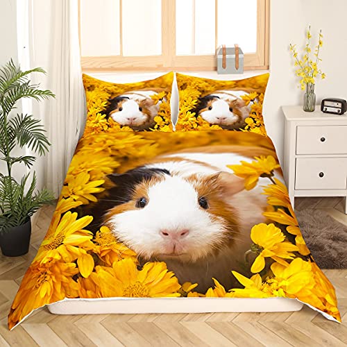 Loussiesd Kinder Meerschweinchen Bettwäsche Set 135x200cm Sonnenblume Bettbezug Set Gelb Botanische Blüte Blumen Bettwäsche Süße Tier Meerschweinchen für Mädchen Raumdekor