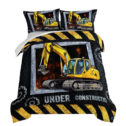 HOSIMA Under Construction 3-teiliges Mikrofaser-Bettwäsche-Se t für Jungen, Cartoon-Auto-Bettwäsche- Set, Bau-LKW-Steppdecke, Doppelbett, Konstruktions-Bettwäsche , Teenager, Kinderzimmer, Dekoration