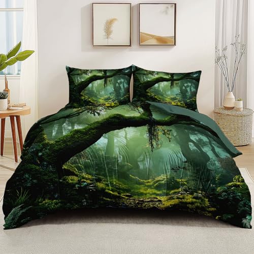 Doppelseitiges Bettbezug Fantasie Wald Grüne Blätter Druck 3-teiliges Bettwäsche, 135 x 200 cm Pflegeleicht Atmungsaktiv Bettwäsche für Jugendliche Erwachsene Türkis