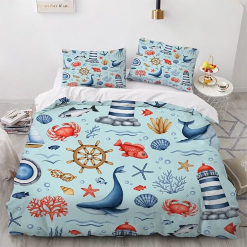 Generisch 3D Leuchtturm Bettwäsche 220x240 cm 3teilig Delphin Bettbezug mit Reißverschluss 100% Mikrofaser Leicht Atmungsaktive Bettwaren Set mit 2 Kissenbezüge 80x80?Muster 53-4?