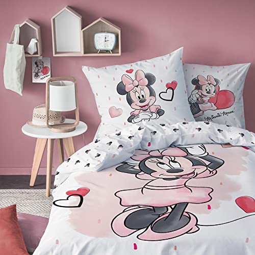 Disney Bettwäsche Minnie Mouse - Kinderbettwäsche - 1 Kissenbezug 80x80 cm + 1 Bettbezug 135x200 cm - 100% Baumwolle