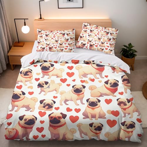 Bettwäsche-Sets Mops Cartoon Bettwäsche 135x200 Kinder 3 Teilig Atmungsaktive Mikrofaser 3D Effekt Artikel Tier Bettbezüge Mit Reißverschluss Und 2 Kissenbezug 80x80 cm