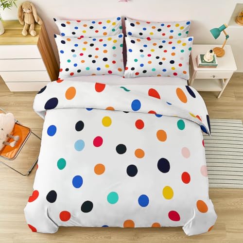Mikrofaser Bettwäsche 135 x 200 cm, Einfach Bunte Punkte Druck Bettbezug mit Reißverschluss - Weiß Wend Bettbezug Set mit 2 Kissenbezug 80 x 80 cm für Frauen Mädchen