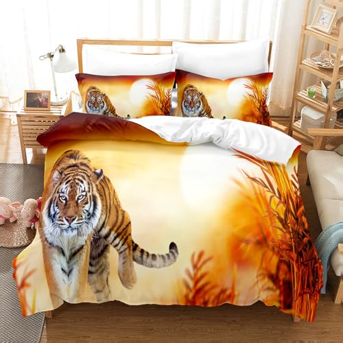 Bettwäsche 135x200 cm 3D Leopard-Tiger-Muster Bettwäsche Set 135x200 3teilig mit Reißverschluss Weiche und Angenehme Schlafkomfort Microfaser Bettbezug mit 2 Kopfkissenbezüge 80x80 cm