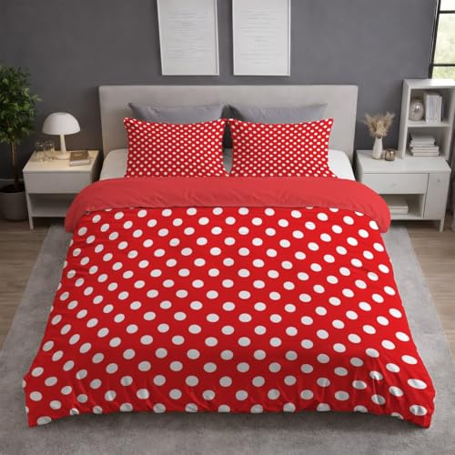 Rot Weiß Flauschige Zweiseitig Bettwäsche Set - Abstrakt Polka-Punkte Festlich Gemustert - Bettwäsche Kuschlig Weich Farbbeständig Bügelfrei Microfaser Bettbezug 135 x 200 mit Reißverschluss