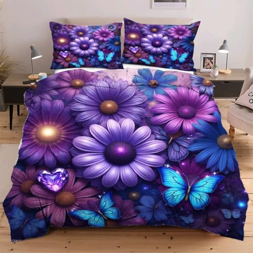 Dozrmey Bettwäsche 135x200 Mikrofaser 3 Teilig Violette Blume, Mikrofaser Kinderbettwäsche Set Jungen Mädchen Einzelbett Bettwäsche - 1 Bettbezüge 135x200 cm+ 2 Kissenbezug 80x80 cm,A1