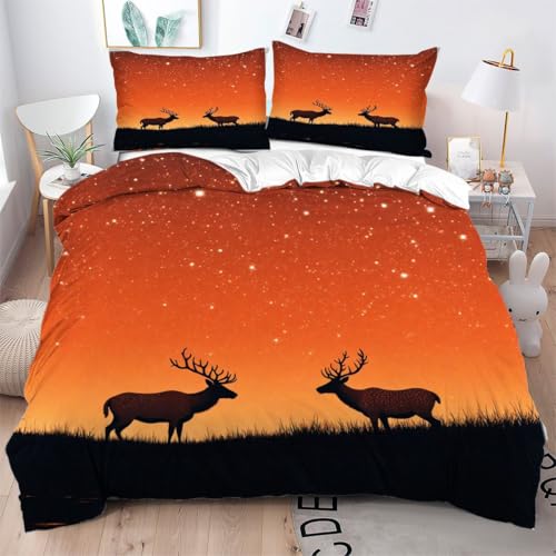 Gumntun Bettwäsche 220×240 cm Orangefarbenes Tier Elch, Weich Microfaser Bettbezug Set mit Reißverschluss, Aesthetic Flauschige Bettbezug für Erwachsene und 2 Kissenbezüge_B8826