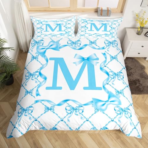 Homewish Süß Blau Bogen Bettbezug 135x200 Teenager Mädchen Anfangsbuchstabe M Bettwäsche Mädchen Coquette Blau Bogen Bedding Jugendliche Preppy Modern Trendy Anfangsbogen Bettwäsche Set 2 teilig