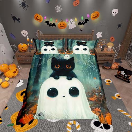 Homemissing Süßes Geister-Bettwäsche-Set für Einzelbett, Kawaii-Katze, für Jungen und Mädchen, Happy Halloween, gruseliger Bettbezug, weiche, leichte Mikrofaser, Raumdekoration (ohne Füllung)