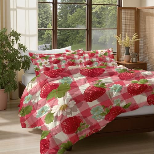 Bettwäsche 200*200cm zartrosa Erdbeeren und Blüten Bettbezug Set 3 Teilig gestreiftes Karomuster Blümchen Blumenmuster Weich Bettwäsche-Sets mit 2 Kissenbezüge 80x80 cm und Reißverschluss