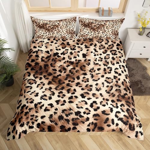 Homewish Leoparddruck bettbezug für Kinder Teenager,Gepard Bettwäsche 135x200cm für Mädchen Jungen Safari Wildtier Dschungel Ombre Kuhleder bettset Mikrofaser 1 Kissenbezug Beige Braun Bettwäscheset
