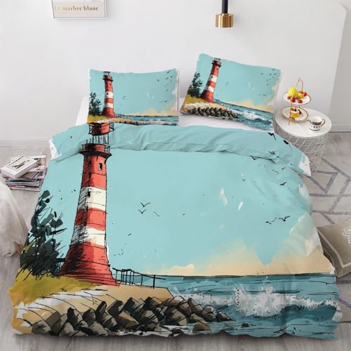 VULORA Leuchtturm Bettwäsche 135x200 Kinder Navigation 3D Bettbezug Wendebettwäsche mit Reißverschluss Mikrofaser Bettwäsche Sets 3Teilig mit 2 Kissenbezüge 80x80 für Junge Mädchen R748