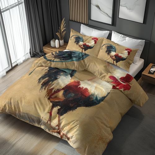 Generisch Bettwäsche 135x200 Huhn, Weiche Bügelfreie Mikrofaser Bettbezug Set 2tlg, Landhausstil Nutztiere Muster Schlafzimmer Deko, 1 Kissenbezug 80x80, mit Reißverschluss XPG12