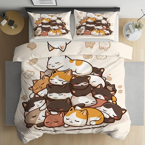 Bettwäsche 135x200 Süße Katze im japanischen Stil Bettwäsche Set, Weich Microfaser Kuschelige Bettwäsche, Cartoon-Kätzchen-Muster Wendebettwäsche Bettbezug und Kissenbezug 80x80cm mit Reißverschluss
