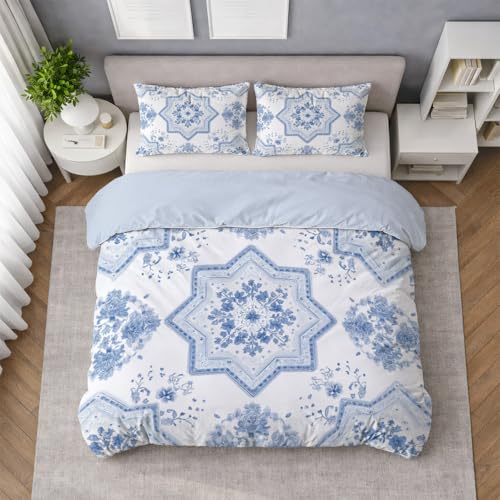 Bettwäsche 200 x 200 cm Eisblau Superweiche Mikrofaser Bügelfrei Wende Bettbezüge mit Reißverschluss Vintage Design Atmungsaktiv & kuschelig Bettwäsche-Set Geometrisch Blumen Elegant