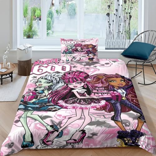 Monster High Bettwäschegarnitur Bettbezug Set 3D Gedruckter Animierte Charaktere Für Kinder Mädchen Jungen Bettwäsche Weich Microfaser Und Kissenbezüge Reissverschluss 2 Teilig Single?135x200cm?