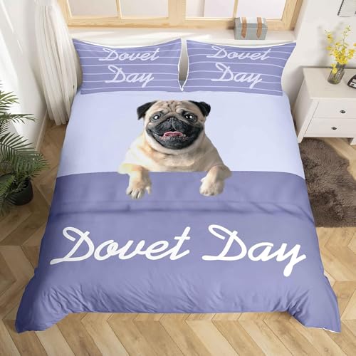 Süßer Mops Bettwäsche 155x220 Kinder Haustier Bettbezug 3D Weiche Mikrofaser 3 Teilig Bettwäsche-Sets mit Reißverschluss und 2 Kissenbezüge 80x80 cm F.1750