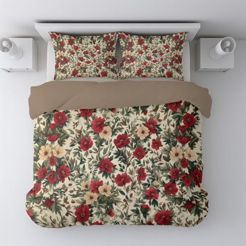 Weinrot Kuschel Bettwäsche 135 x 200 cm - Retro Blumen Blüten Cremetöne Pflegeleichten Mikrofaser Hochwertige Verarbeitung Bettbezug mit Kissenbezüge für Kinder Jungen Mädchen