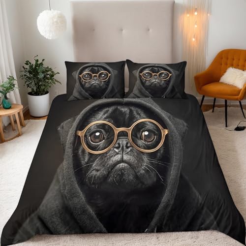 DILANI Bettwäsche 155x220 Mops Bettwäsche-Set 3 Teilig 3D Druck Kawaii Hund Bettbezug Weich Mikrofaser Bettbezüge mit Reißverschluss und Kissenbezug 80x80cm für Erwachsene Kinder